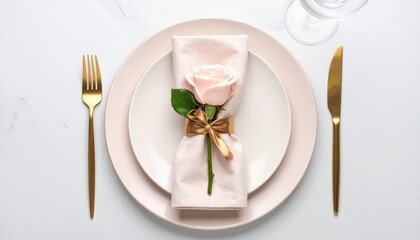 Soft beige and blush minimalist wedding table setting, with fine porcelain plates, cloth napkins, gold cutlery, and a single rose centerpiece, elegant and refined composition