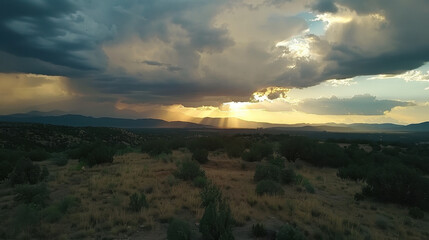 Dramatic sky with scattered sunbeams breaking through clouds over mountainous landscape, creating serene and picturesque view at sunset. scene evokes sense of tranquility and wonder