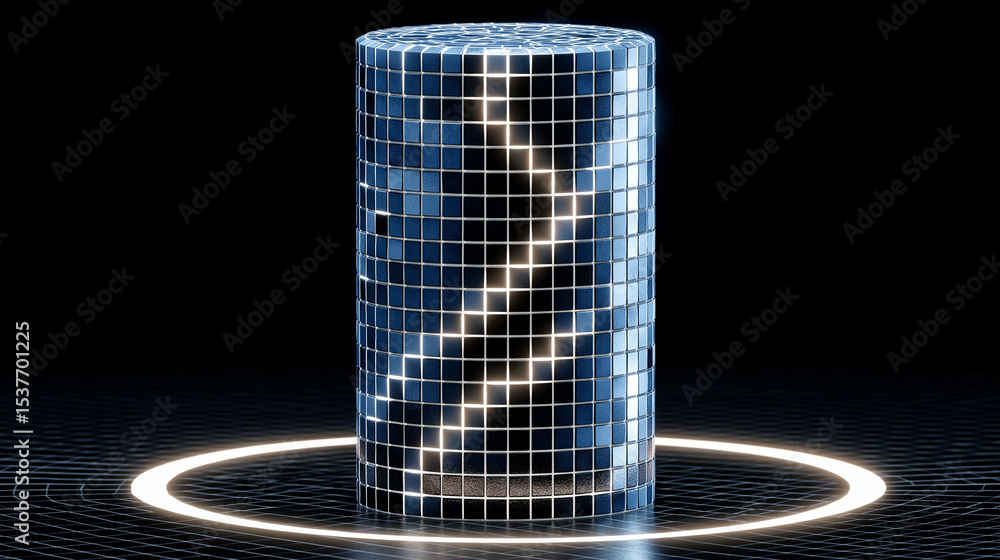 Poster digital energy core: a cylindrical structure of pixelated blocks, emitting a glowing zigzag pattern,