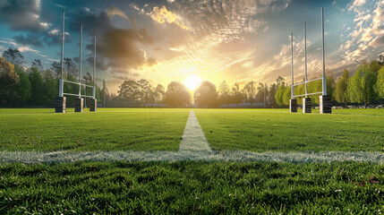 Empty rugby pitch with posts on each end, vibrant green grass, and stunning sunset illuminating sky, creating serene and inviting atmosphere for sport