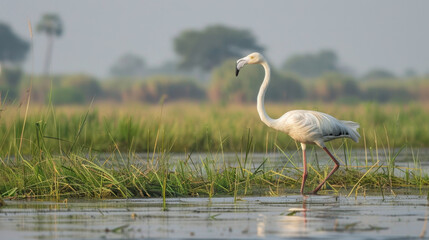 Fototapeta premium Graceful flamingo walking across serene marshland, surrounded by lush green grass and calm waters, evokes sense of tranquility and beauty in nature