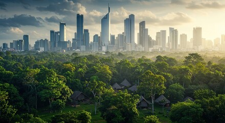 Fototapeta premium Cityscape Rising Above Lush Green Forest, Modern Architecture Integration with Nature's Tranquility and Environmental Harmony