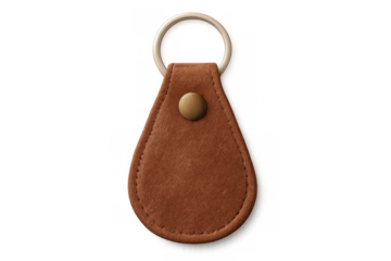 Brown leather keychain dangling, holding keys, suspended against transparent backdrop