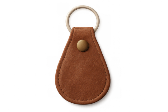 Brown leather keychain dangling, holding keys, suspended against transparent backdrop - Powered by Adobe