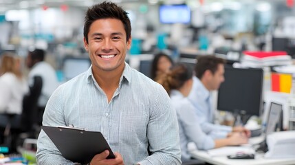 Smiling businessman holding clipboard in busy office environment