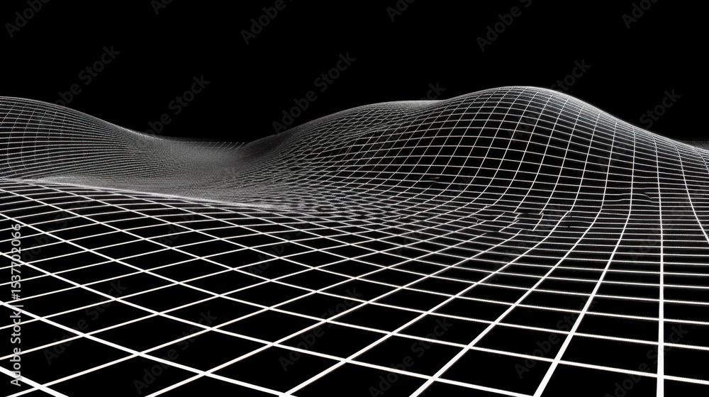 Poster futuristic tech background featuring black surface with digital grid pattern, creating sense of dept