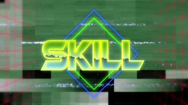 Glitching neon SKILL text drawing diamonds sweeping static bars animating red grid lines
