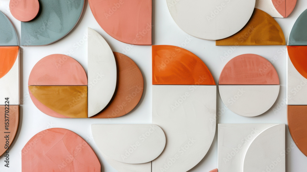 Poster geometric shapes in soft pastel colors create visually appealing wall art display. arrangement featu