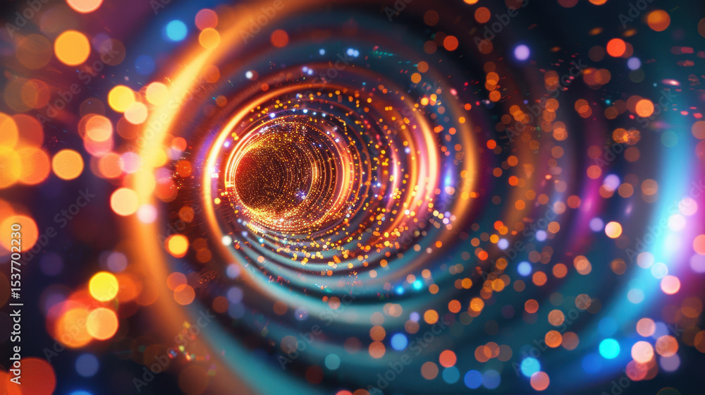 Poster glowing tunnel perspective with abstract depth, featuring vibrant colors and sparkling lights that c