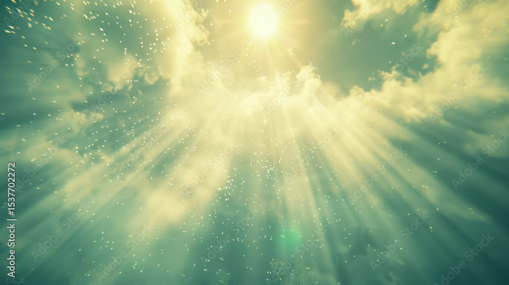 Poster bright sun rays illuminate serene sky filled with soft clouds and gentle light particles, creating t