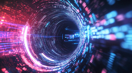 Obraz premium Data Tunnel Vision: A mesmerizing vortex of red and blue binary code pulses, drawing the viewer into the abstract heart of digital information stream.
