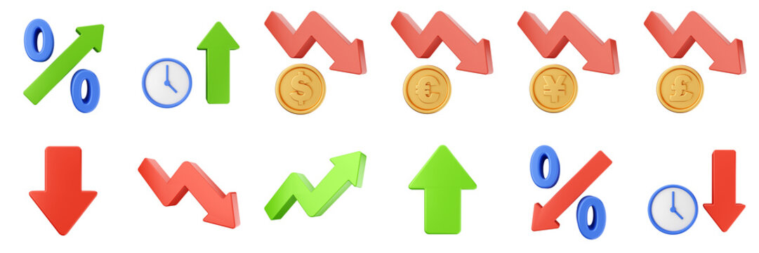 3d trading chart arrow increase decrease income profit finance icon set bundle illustration