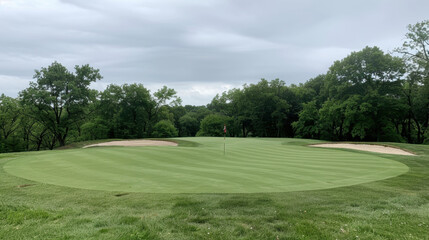 Serene golf course landscape featuring well maintained green with flagstick in distance, surrounded by lush trees and sand bunkers, creating peaceful atmosphere for golfers