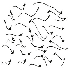 Random scattered arrows. Directional pointer set. Abstract chaotic elements. Vector graphic design.