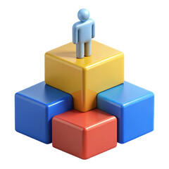 Stylized figure standing atop stacked colorful cubes