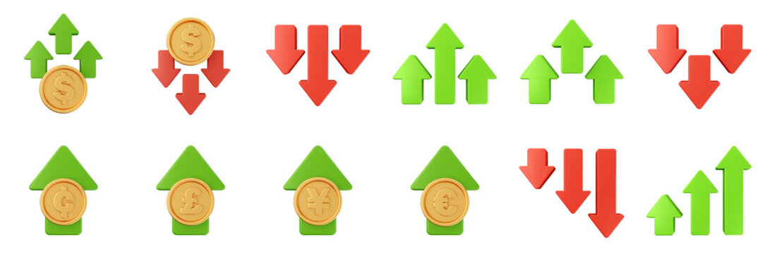 3d trading chart arrow increase decrease income profit finance icon set bundle illustration
