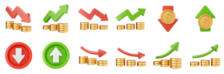 3d trading chart arrow increase decrease income profit finance icon set bundle illustration