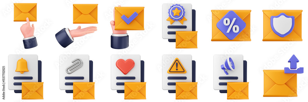 Poster 3d mail email message document file envelope media chat delivery icon set bundle illustration