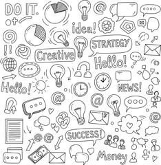Hand-Drawn Business and Communication Doodle Set with Creative Icons in Monochrome Style