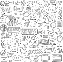 Hand-Drawn Business and Communication Doodle Set with Creative Icons in Monochrome Style