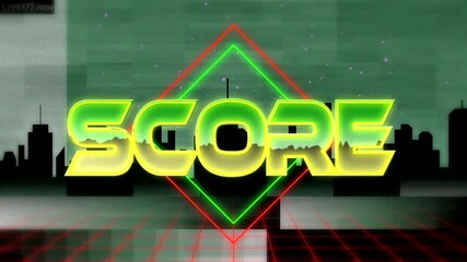 Animating neon SCORE over red grid, with red green diamond outlines, glitch flickering skyline - Powered by Adobe
