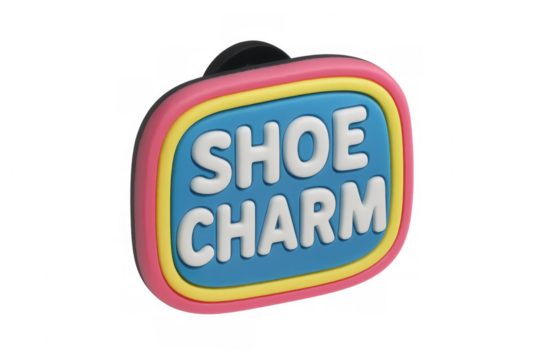 Vivid rectangular shoe charm displaying bold lettering, gleaming with colorful design against transparent backdrop