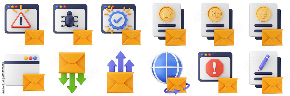 Poster 3d mail email message document file envelope media chat delivery icon set bundle illustration