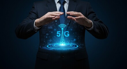 A businessman gestures protectively around a futuristic 5G communication technology interface in a dark setting.