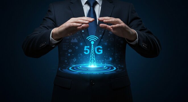 A businessman gestures protectively around a futuristic 5G communication technology interface in a dark setting.