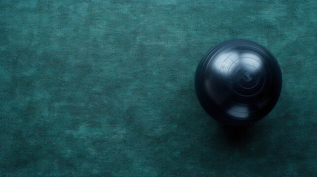 Black inflatable fitness ball rests on dark green gym mat, creating serene and focused atmosphere for exercise and wellness activities
