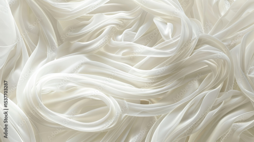 Poster soft, flowing white ribbons create elegant and abstract texture, evoking sense of calm and sophistic