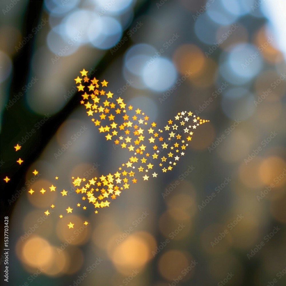 Poster a bird shape composed of glowing golden stars against a blurred background with soft bokeh lights.