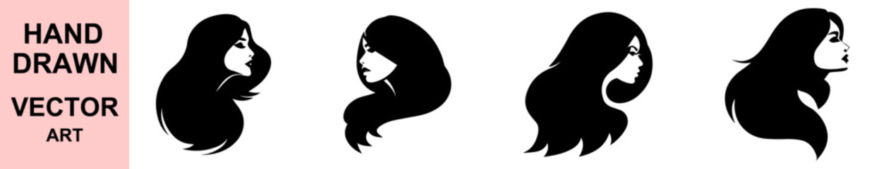Elegant woman silhouette vector portrait collection in hand drawn black and white feminine style for beauty fashion cosmetics and salon branding design