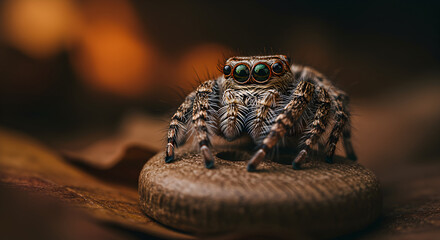 Macro shot of a jumping spider on a wooden surface with stunning detail