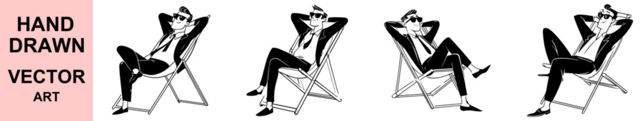 Obraz premium Businessman relaxing in lounge chair vector illustration set in black and white hand drawn retro style cartoon characters for lifestyle and leisure concept