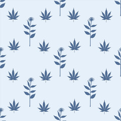 Natural flower patterns and seamless leaves, light blue background, blue-grey flowers, mood and feeling, like a bright, vector style.