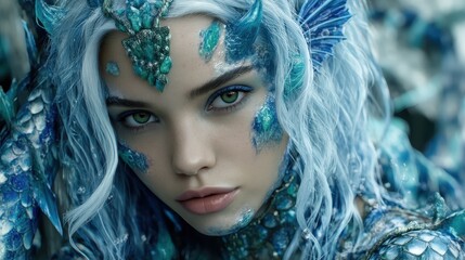 A young woman with fantastical, icy-blue mermaid-dragon makeup and costume