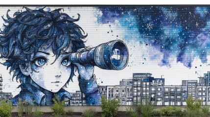 Child gazing through telescope at urban night sky