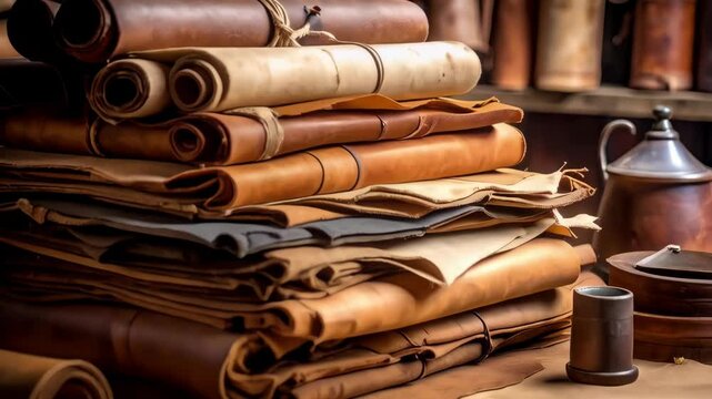 Collection of rolled and stacked leather hides, crafted items, and artisan tools display.