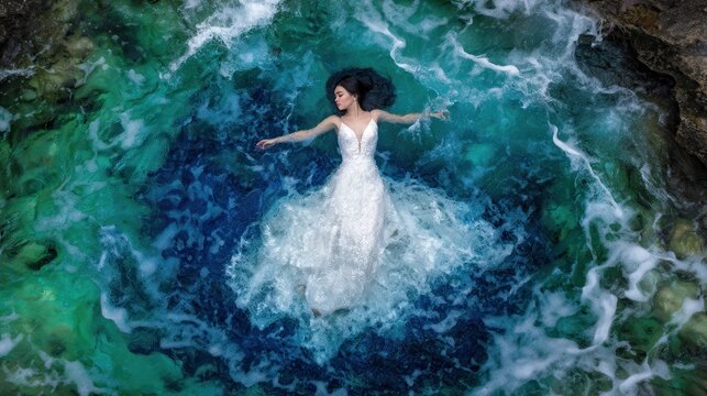 A bride floats in a swirling pool of turquoise and teal water