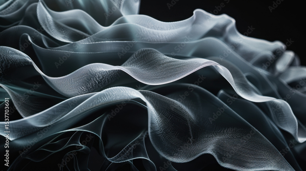 Poster translucent waves create mesmerizing texture, showcasing layered forms that evoke sense of fluidity 