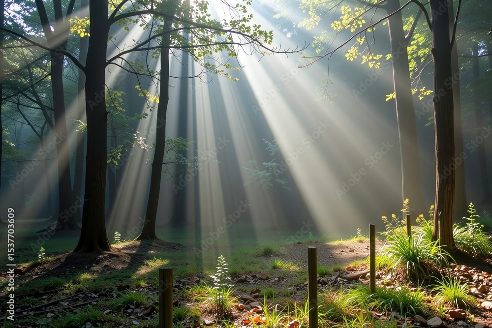 Poster sunlight filters through tall forest trees, casting rays onto ferns and greenery on the forest floor