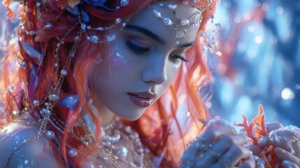 A woman adorned in  underwater-themed accessories, with a contemplative expression