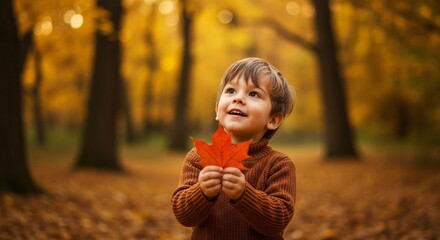 Young boy in a brown sweater joyfully holds an autumn leaf, gazing upward in a park filled with fall foliage.