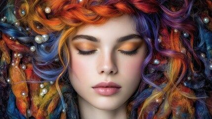 Close-up of a woman with vibrant, colorful braided hair and delicate makeup.  Eyes closed, peaceful expression