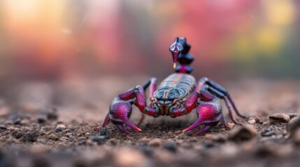 Close-up of a scorpion on the ground. Vivid colors and intricate patterns on its exoskeleton