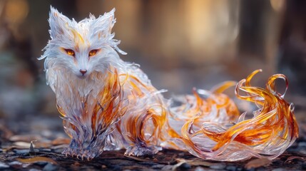 A magnificent, mythical fox, with vibrant fire-like fur