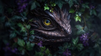 Close-up of a mythical lizard head hidden in a dense plant enclosure