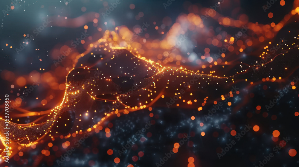 Poster abstract representation of geometric network featuring glowing nodes and lines, creating vibrant vis