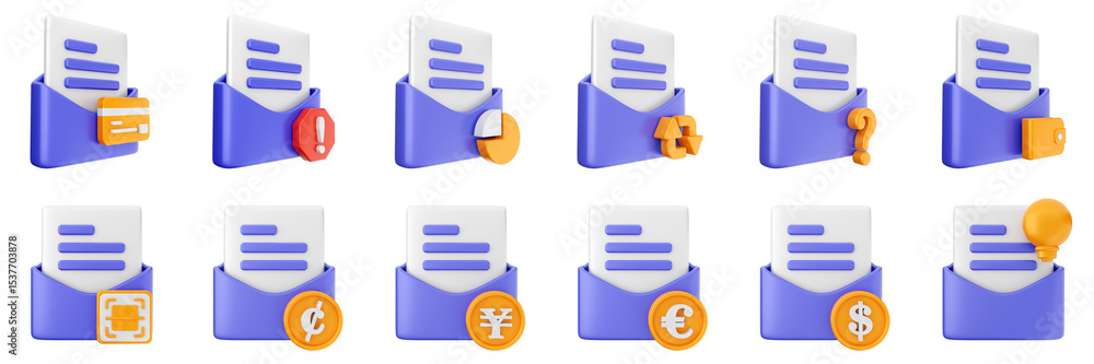 Poster 3d mail email message document file envelope media chat delivery icon set bundle illustration